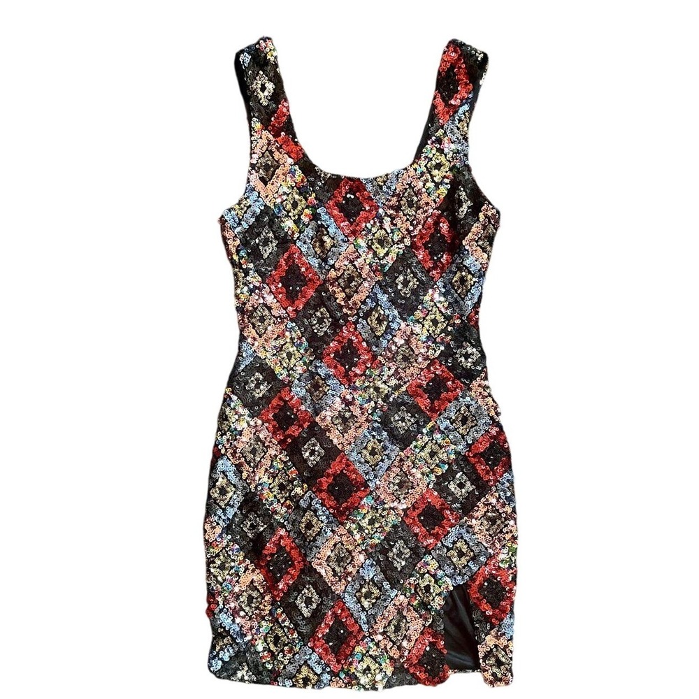 NYE Party Sequin Mini Dress Small Multi Harlequin Disco Cocktail Rave Bodycon